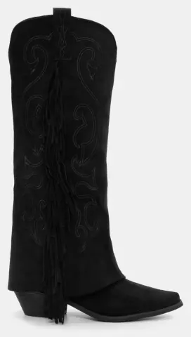 Μπότες Cowboy με Εφέ Αναδιπλούμενης Φάσας & Κρόσσια - Μαύρο