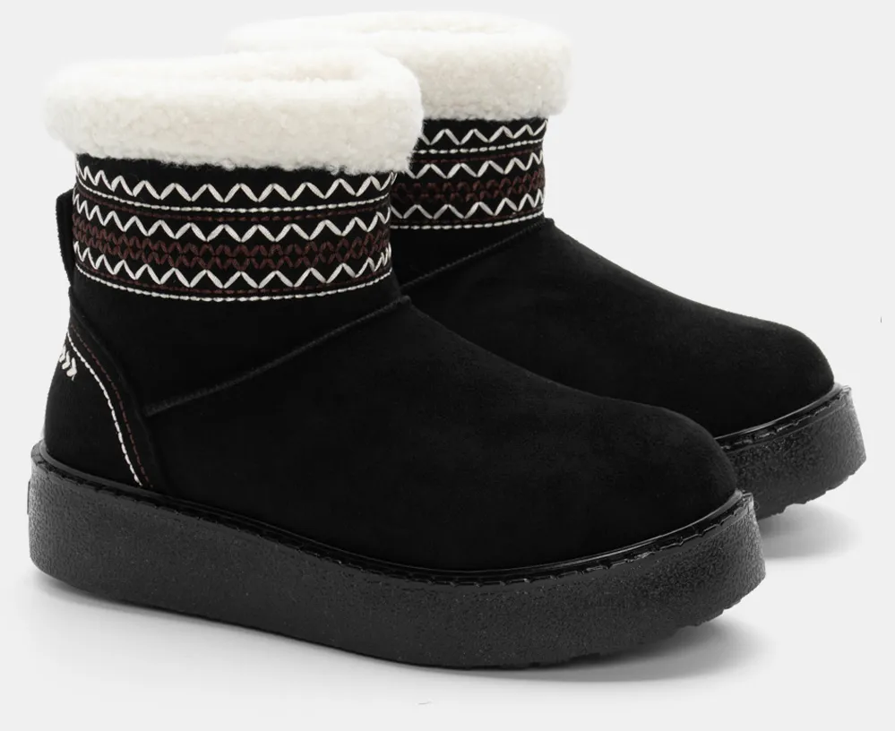 Μποτάκια με Εσωτερική Επένδυση Γούνας & Κέντημα - Μαύρο