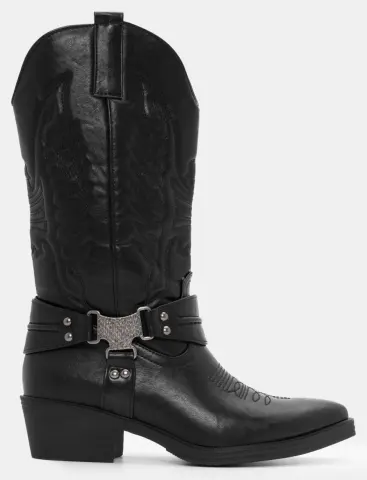 Μπότες Cowboy με Λουράκια & Διακοσμητικό - Μαύρο