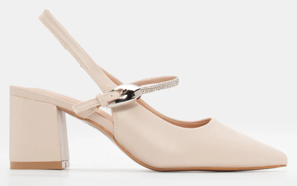 Γόβες Μυτερές Slingback με Strass - Μπεζ
