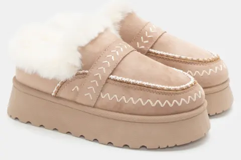 Παντόφλες Δίσολες με Κέντημα - Μπεζ-Σκούρο