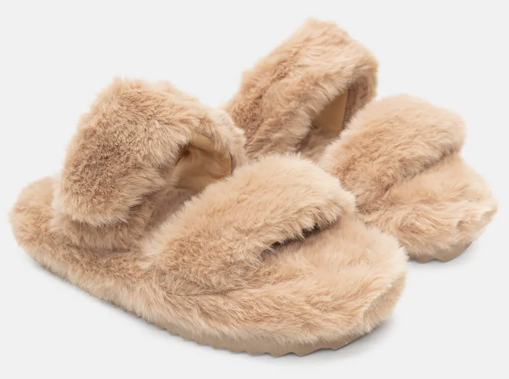 Παντόφλες Γούνινες - Μπεζ-Σκούρο