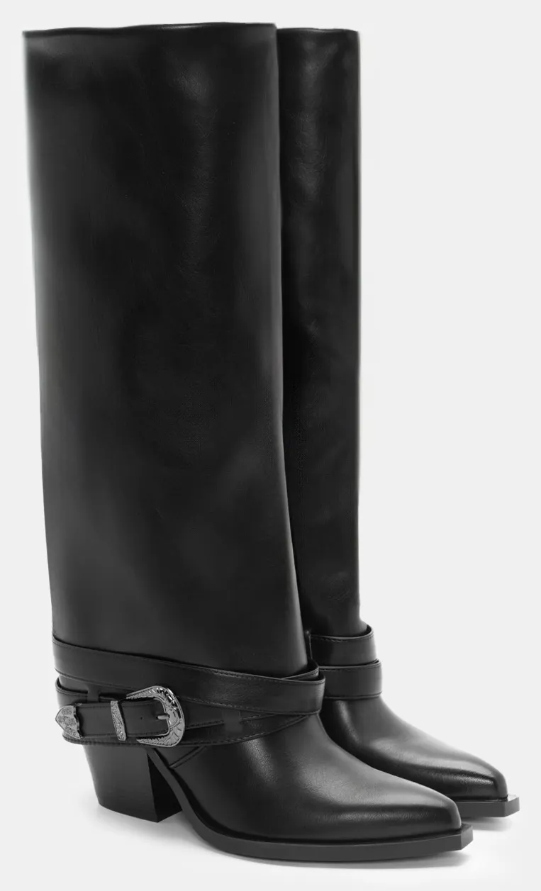 Μπότες με Εφέ Αναδιπλούμενης Φάσας & Διακοσμητικό Ζωνάκι - Μαύρο