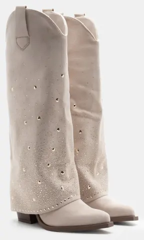Μπότες Cowboy με Εφέ Αναδιπλούμενης Φάσας & Strass - Μπεζ