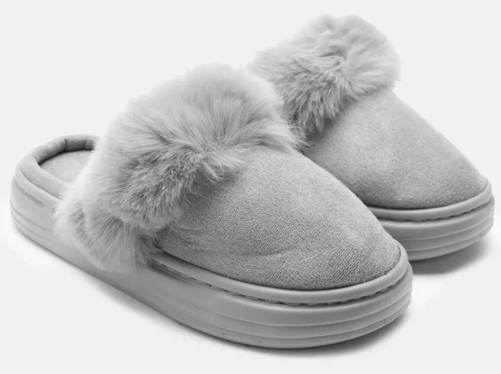 Παντόφλες Γούνινες Μονόχρωμες - Γκρι