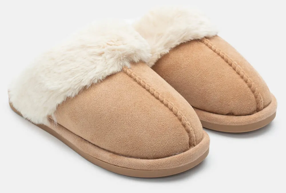 Παντόφλες με Εσωτερική Επένδυση Γούνας - Μπεζ-Σκούρο