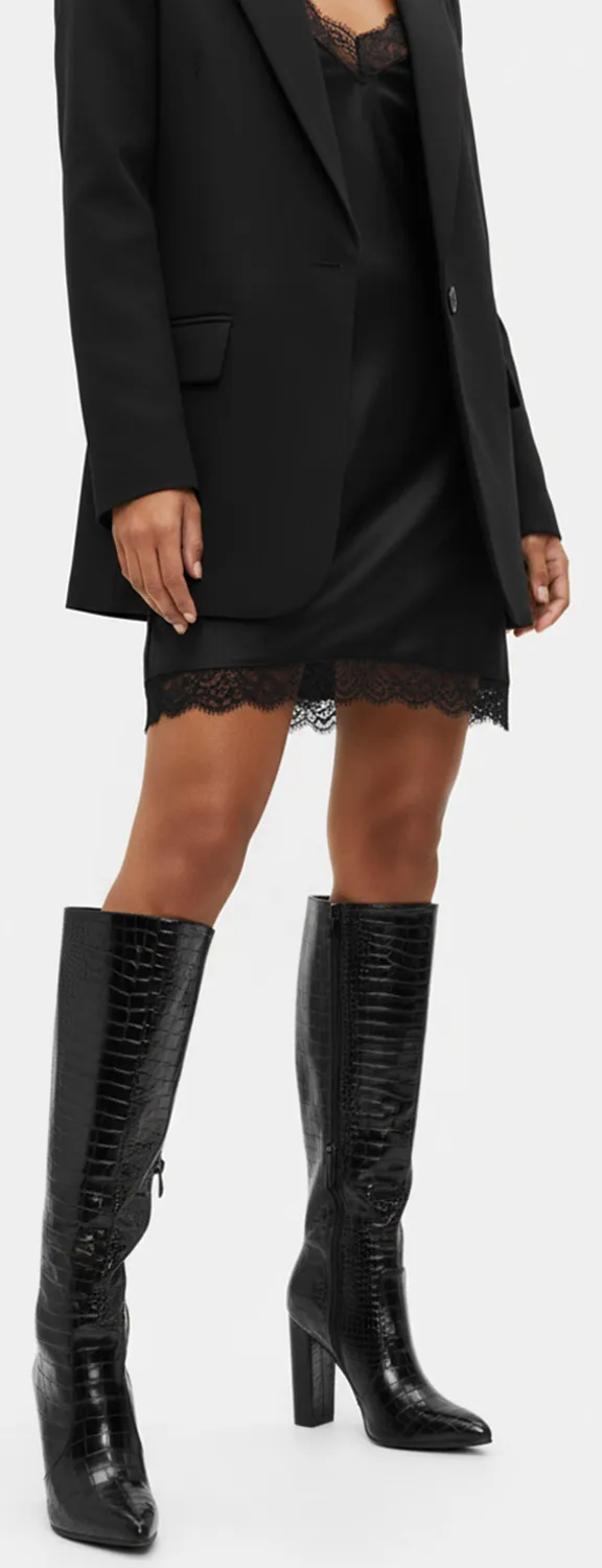 Μπότες Μυτερές Croco με Τακούνι - Μαύρο