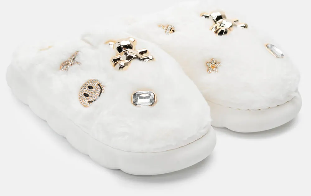 Παντόφλες Γούνινες με Διακοσμητικά - Λευκό