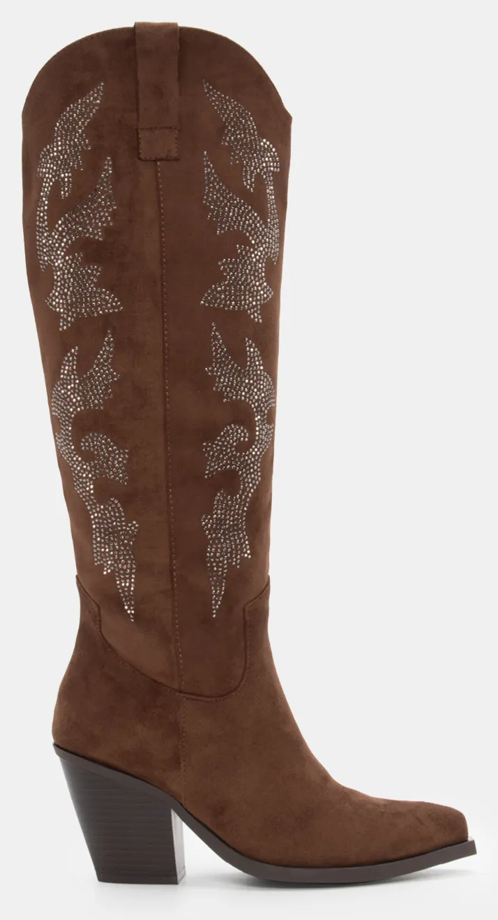 Μπότες Cowboy Μυτερές με Διακοσμητικές Φωτιές Από Strass - Κάμελ