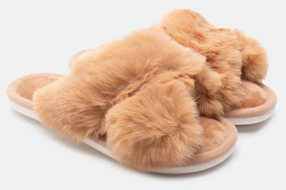 Παντόφλες Γούνινες με Χιαστί Λουράκια - Καφέ