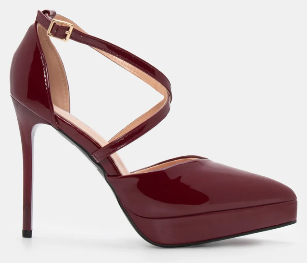 Γόβες Μυτερές με Χιαστί Λουράκια - Μπορντό-Λουστρίνι