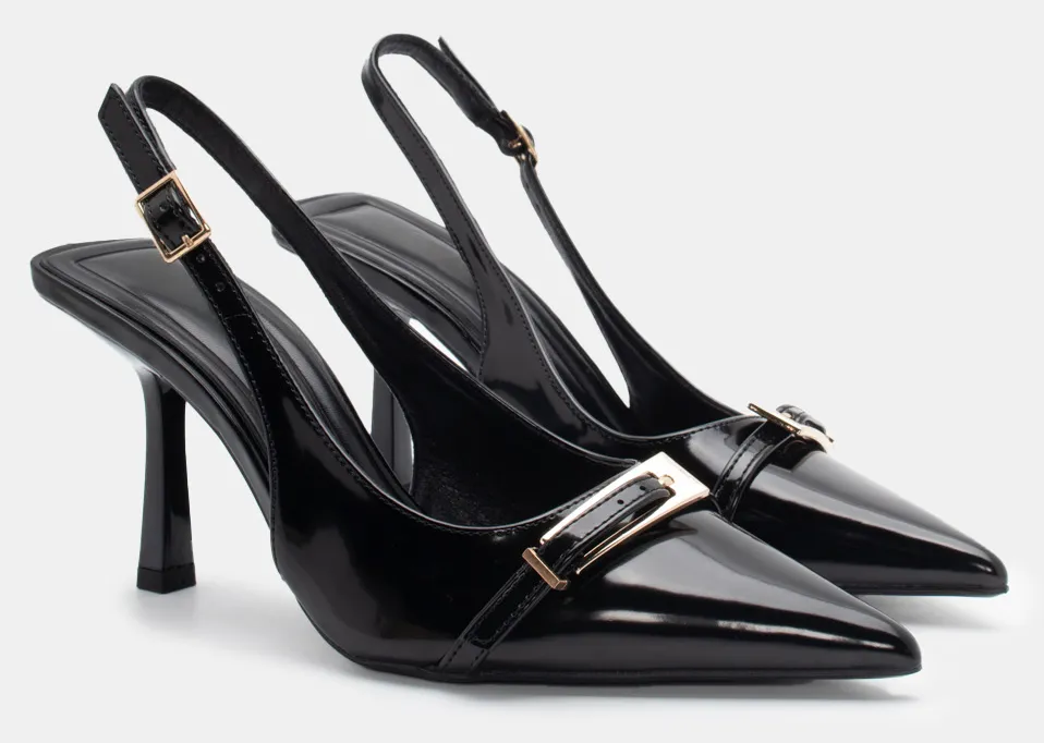 Γόβες Μυτερές με Μεταλλική Λεπτομέρεια - Μαύρο-Λουστρίνι