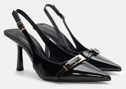 Γόβες Μυτερές με Μεταλλική Λεπτομέρεια - Μαύρο-Λουστρίνι