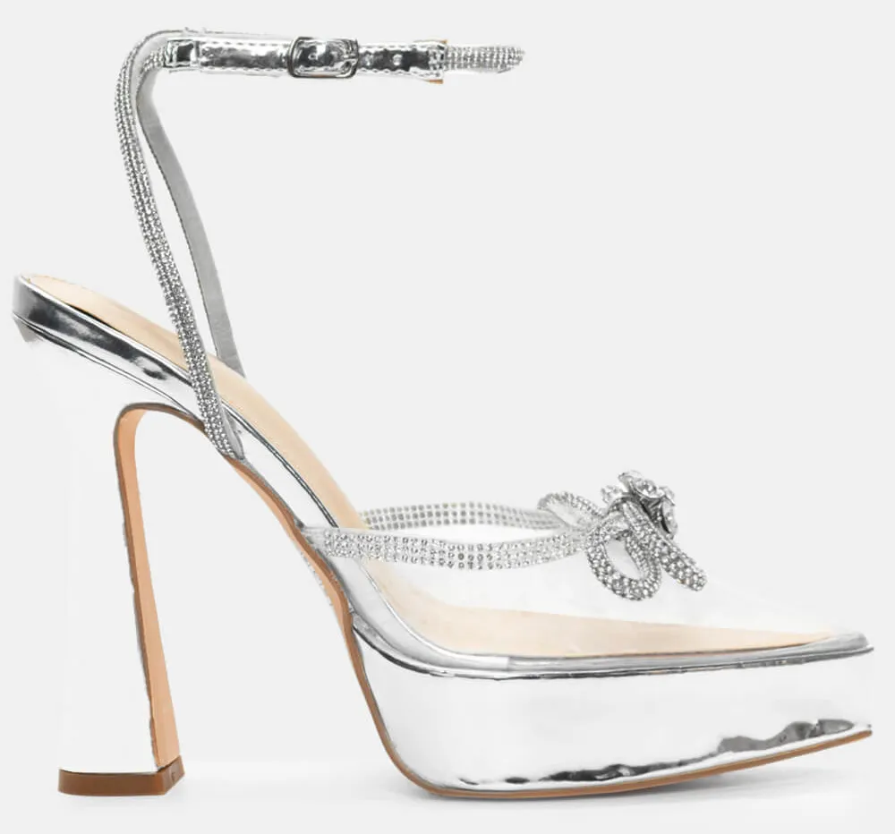 Γόβες Μυτερές με Διαφάνεια & Strass - Ασημί