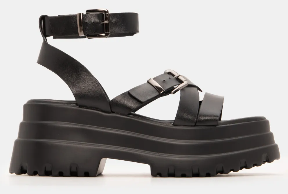 Σανδάλια Flatform με Τρακτερωτή Σόλα & Μπαρέτα - Μαύρο