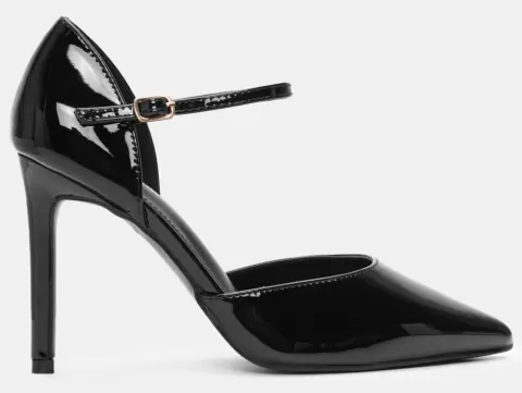 Γόβες Μυτερές με Ανοίγματα Στο Πλάι & Μπαρέτα - Μαύρο-Λουστρίνι