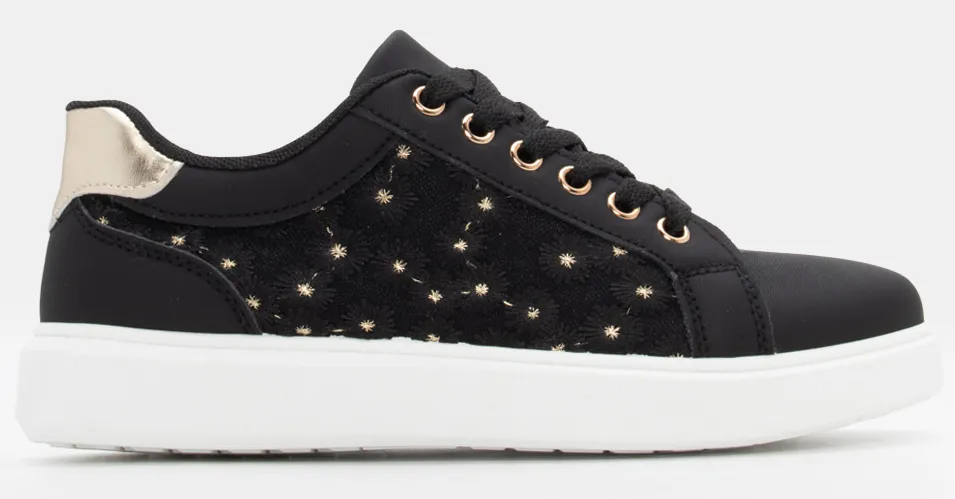 Sneakers με Διακοσμητικά Λουλούδια - Μαύρο