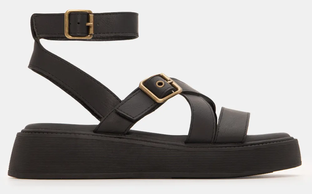 Σανδάλια Flatform με Χιαστί Λουράκια & Μπαρέτα - Μαύρο