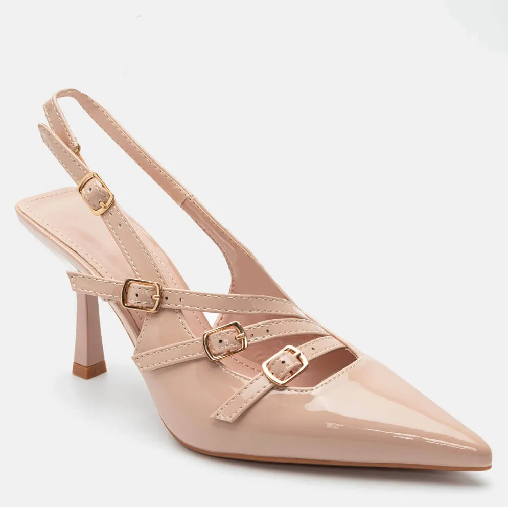 Γόβες Μυτερές Open Heel με Πολλαπλά Λουράκια - Μπεζ