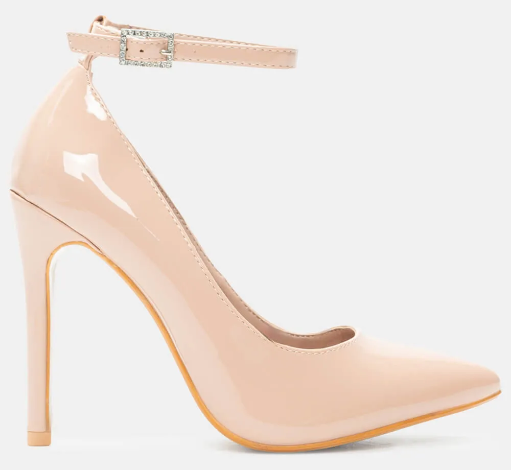 Γόβες Μυτερές Λουστρίνι με Μπαρέτα - Nude