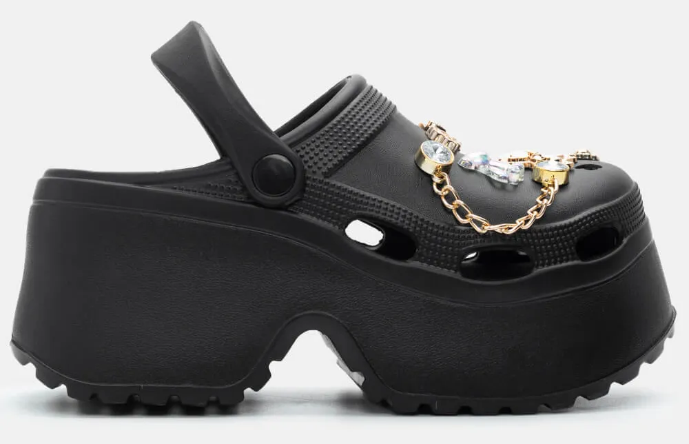 Παντόφλες Σαμπό με Διακοσμητικά απο Strass & Πέτρες - Μαύρο