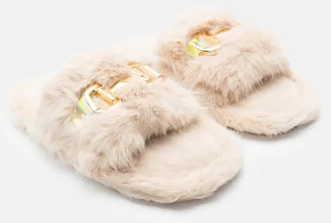 Παντόφλες Γούνινες με Διακοσμητική Αγκράφα - Μπεζ