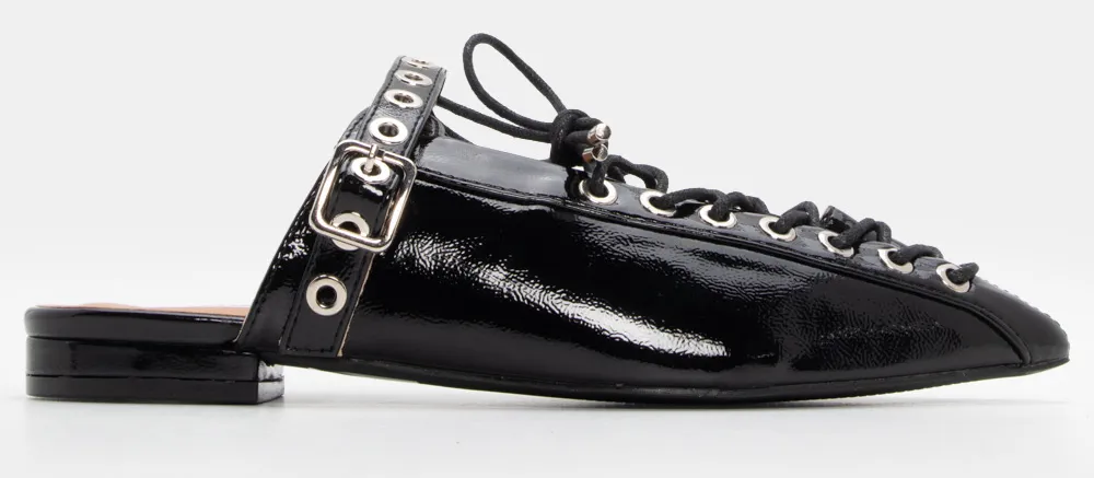 Mules Μυτερά με Κορδόνια & Διακοσμητικό Λουράκι - Μαύρο