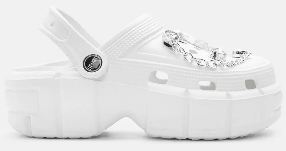 Παντόφλες Σαμπό με Διακοσμητικά απο Strass & Αλυσίδα - Λευκό