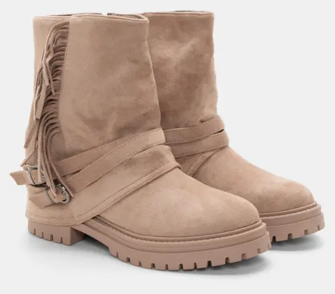 Μποτάκια με Εφέ Αναδιπλούμενης Φάσας & Κρόσσια - Μπεζ-Σκούρο