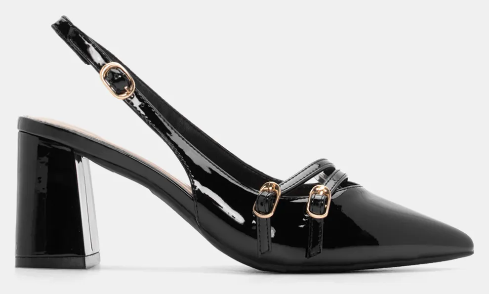 Γόβες Μυτερές με Διπλά Λουράκια - Μαύρο-Λουστρίνι