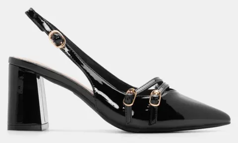 Γόβες Μυτερές με Διπλά Λουράκια - Μαύρο-Λουστρίνι