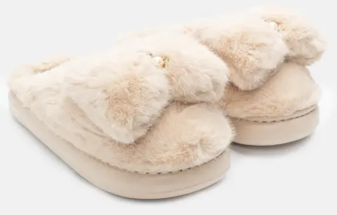 Παντόφλες με Γούνα & Διακοσμητικό Αρκουδάκι - Μπεζ-Σκούρο