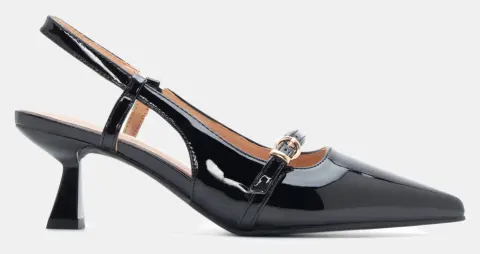 Γόβες Μυτερές Slingback με Διακοσμητική Τόκα & Λάστιχο - Μαύρο-Λουστρίνι