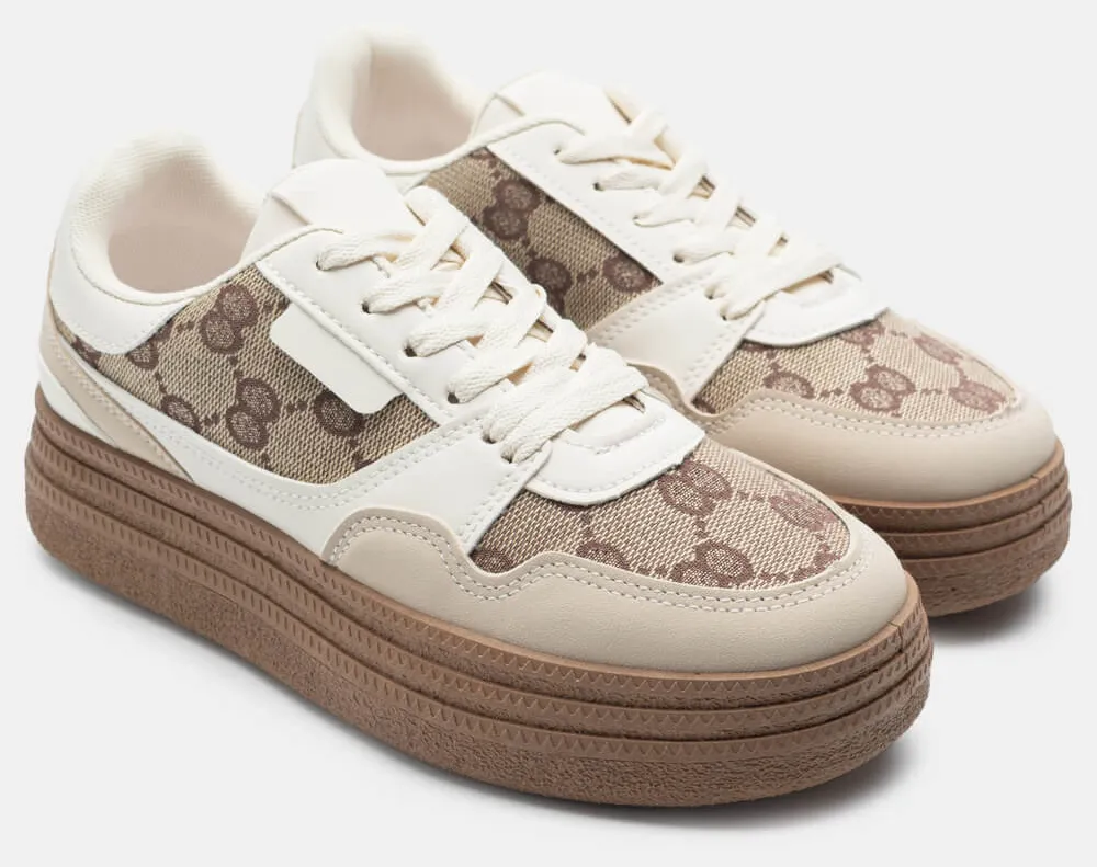 Sneakers Δίσολα με Συνδυασμό Υλικών - Μπεζ