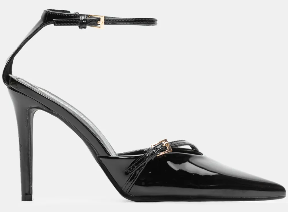 Γόβες Μυτερές με Λοξό Λουράκι & Μπαρέτα - Μαύρο-Λουστρίνι