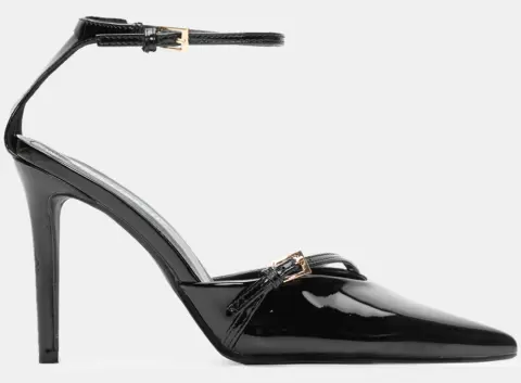 Γόβες Μυτερές με Λοξό Λουράκι & Μπαρέτα - Μαύρο-Λουστρίνι