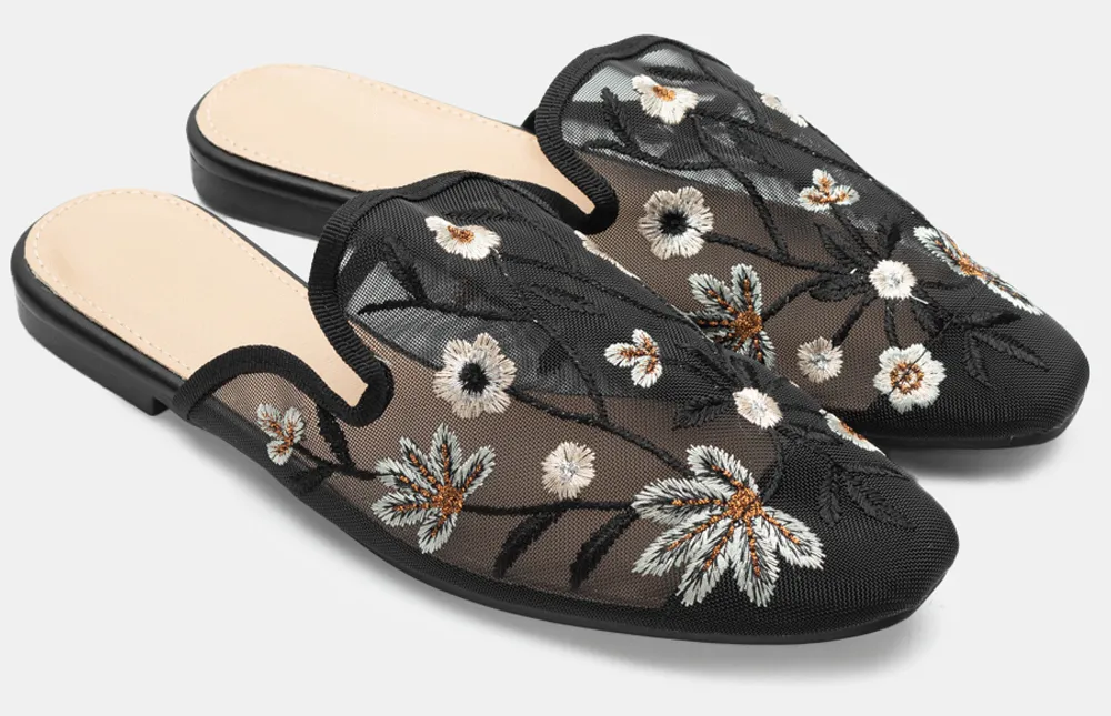 Mules Loafers με Διακοσμητικά Λουλούδια - Μαύρο