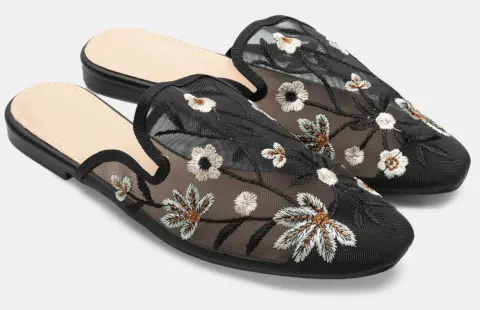 Mules Loafers με Διακοσμητικά Λουλούδια - Μαύρο