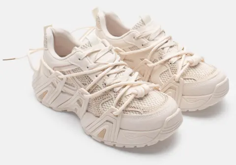 Sneakers Chunky με Διπλά Κορδόνια & Strass - Μπεζ