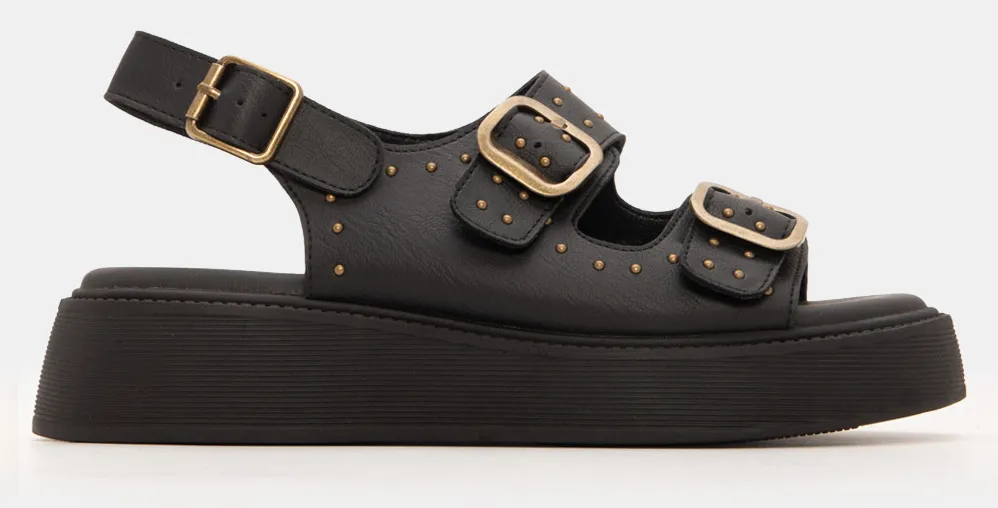 Σανδάλια Flatform με Διπλές Τόκες & Τρουκς - Μαύρο