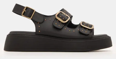 Σανδάλια Flatform με Διπλές Τόκες & Τρουκς - Μαύρο