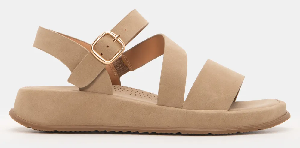 Σανδάλια Flatform με Λοξό Λουράκι - Μπεζ-Σκούρο