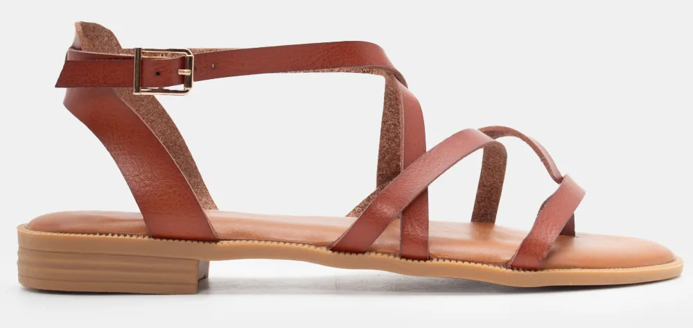 Flat Σανδάλια με Χιαστί Λουράκια - Κάμελ