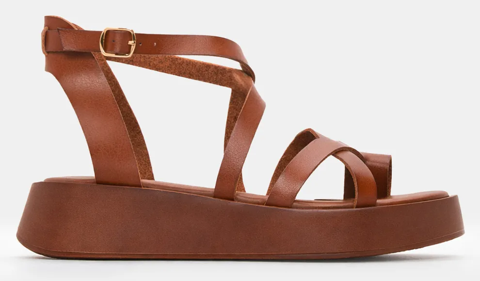 Σανδάλια Flatform με Χιαστί Λουράκια - Κάμελ