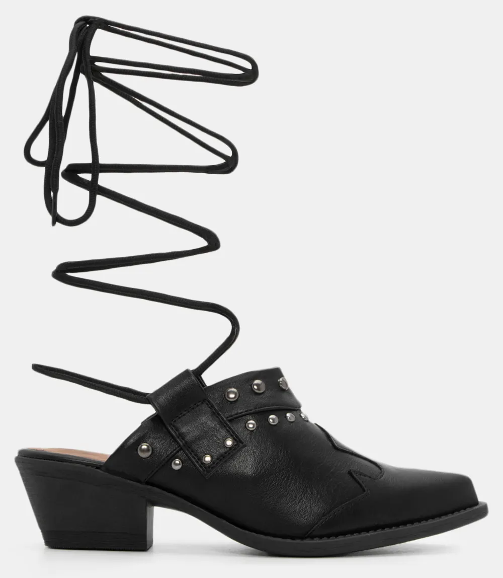 Clogs Western Lace Up με Τρούκς - Μαύρο