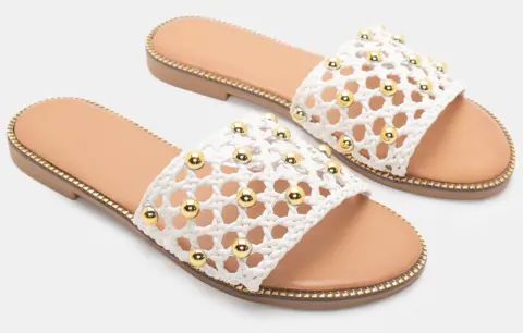 Flat Σανδάλια με Ψάθινη Πλέκτη Φάσα & Πέρλες - Λευκό