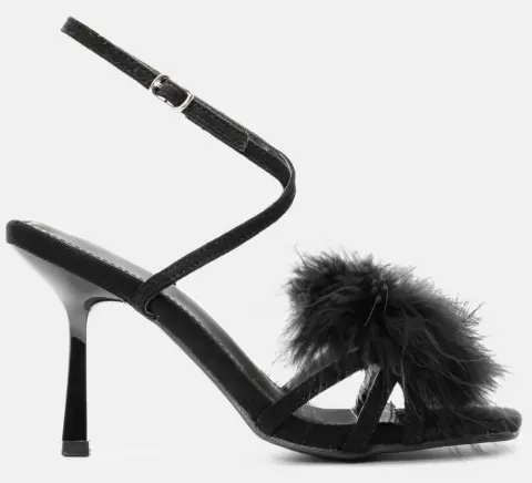 Πέδιλα με Χιαστί Μπαρέτα & Διακοσμητικό Γουνάκι - Μαύρο