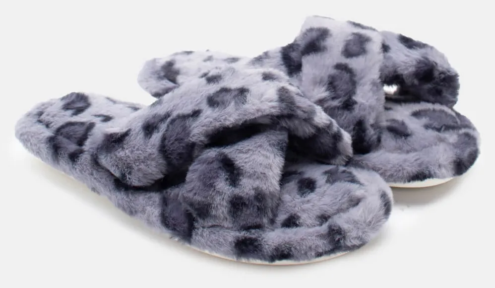 Παντόφλες Γούνινες με Λεπτομέρεια Print & Χιαστί Λουράκια - Ανθρακί