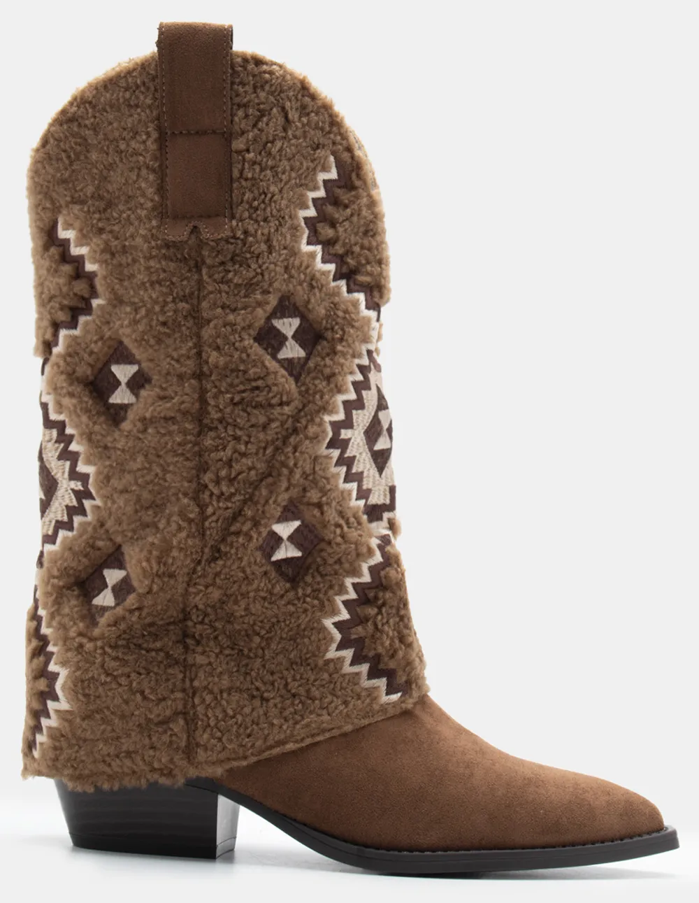 Μπότες Cowboy με Εφέ Αναδιπλούμενης Φάσας & Κέντημα - Μπεζ-Σκούρο