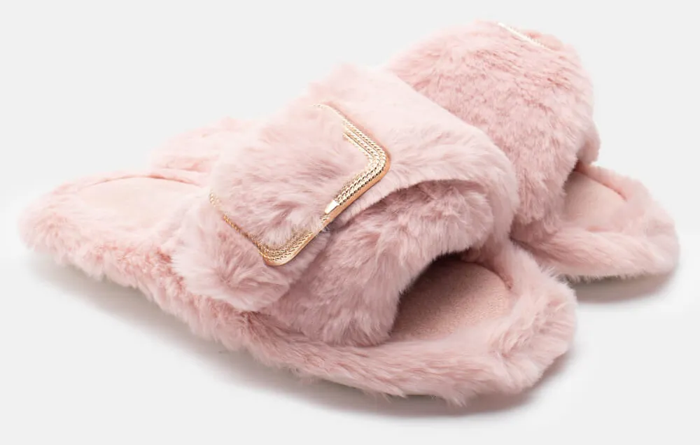 Παντόφλες Γούνινες με Διακοσμητική Τόκα - Ροζ
